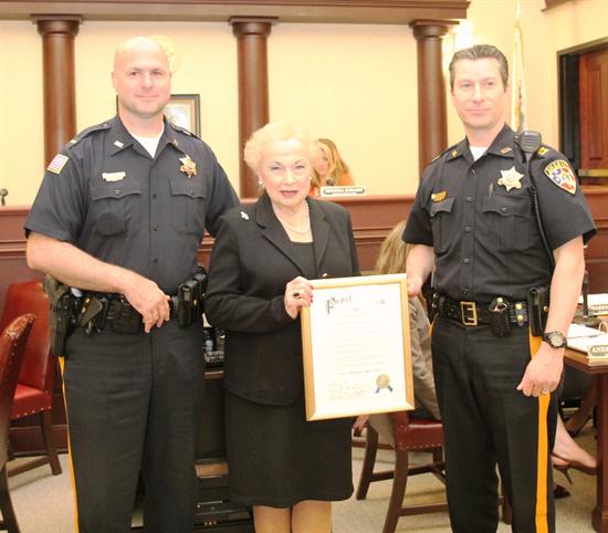 Freeholder Lillian G. Burry presented a proclamation honoring Law Enforcement Week to Lieutenant Derek Orgen (left) and Captain George Martin (right). Freeholder Lillian G. Burry presented a proclamation honoring Law Enforcement Week to Lieutenant Derek Orgen (left) and Captain George Martin (right).